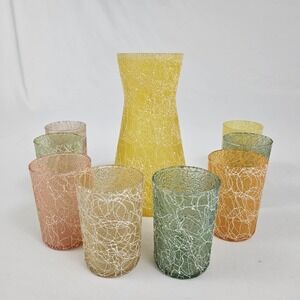 Vintage MCM Spaghetti String Set Carafe Pitcher w/ 8 Glasses Juice Pastels 1950s